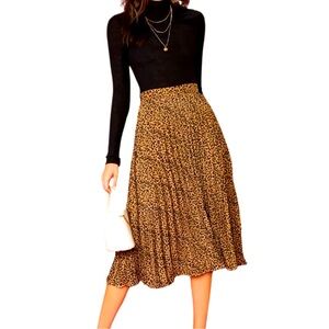 H&M Leopard Pleated Midi Skirt Women’s Long Side Zip Animal Print Maxi Skirt, S